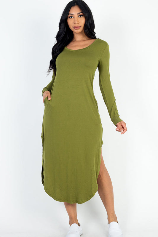 Midi Dress with Long Sleeves and Curved Hem