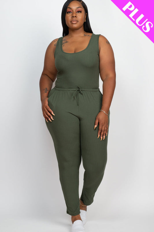 Ribbed Sleeveless Jumpsuit with Drawstring Waist in Plus Size