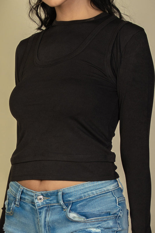 Rib Knit T-Shirt with Long Sleeves and Layered Look