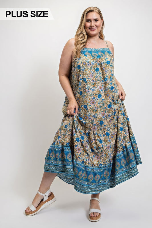 Floral And Print Drop Down Maxi Dress With Spaghetti Strap
