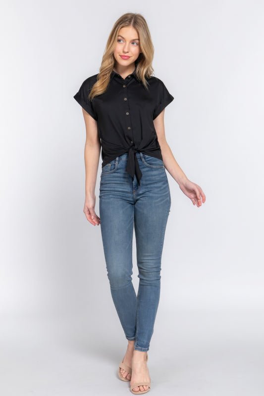 Short Slv Front Tie Stretch Ity Top