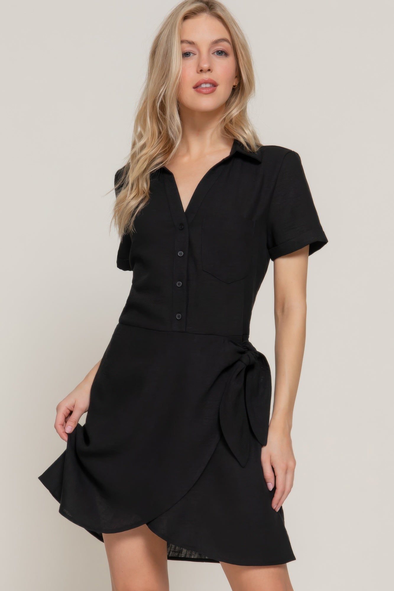 Button Down Side Bow Linen Effect Mini Dress Button Down Side Bow Linen Effect Mini Dress