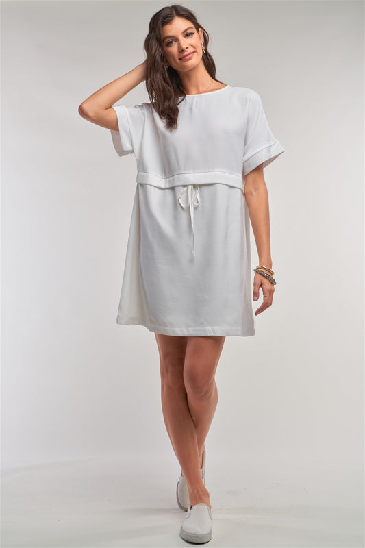 Short Sleeve Relaxed Fit Draw String Tie Waist Detail Mini Dress