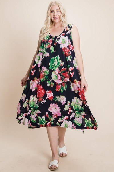 Plus Size Floral Printed Tank Midi Dress With Asymmetrical Hem