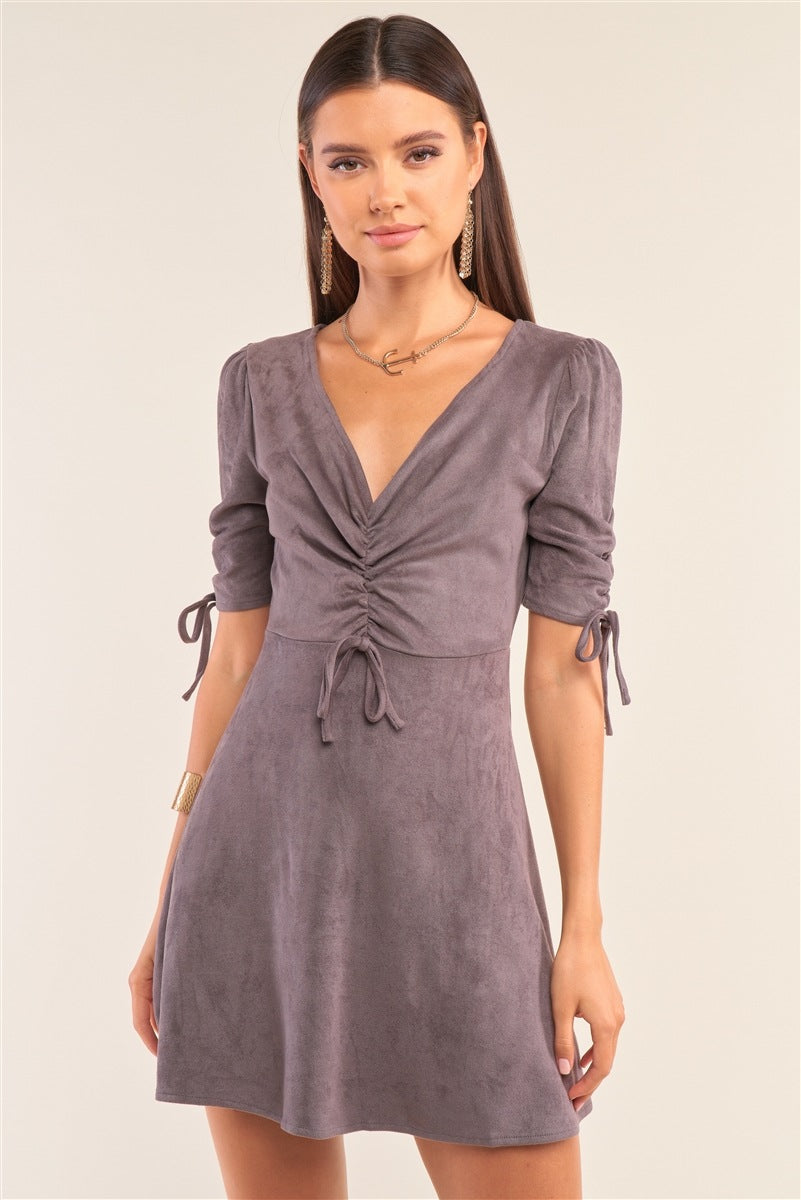 Charcoal Grey Suede Deep Plunge V-neck Gathered Detail Tight Fit Mini