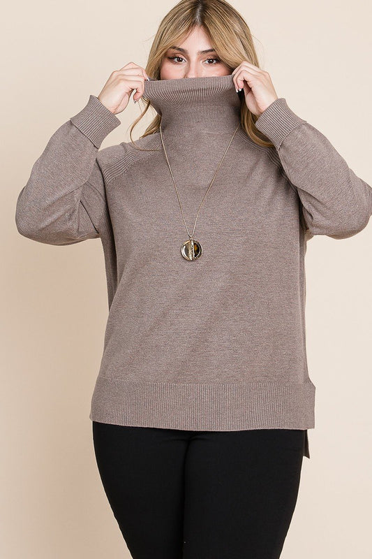 Plus Size Buttery Soft Solid Knit Turtleneck Two Tone High Low Hem Sweater
