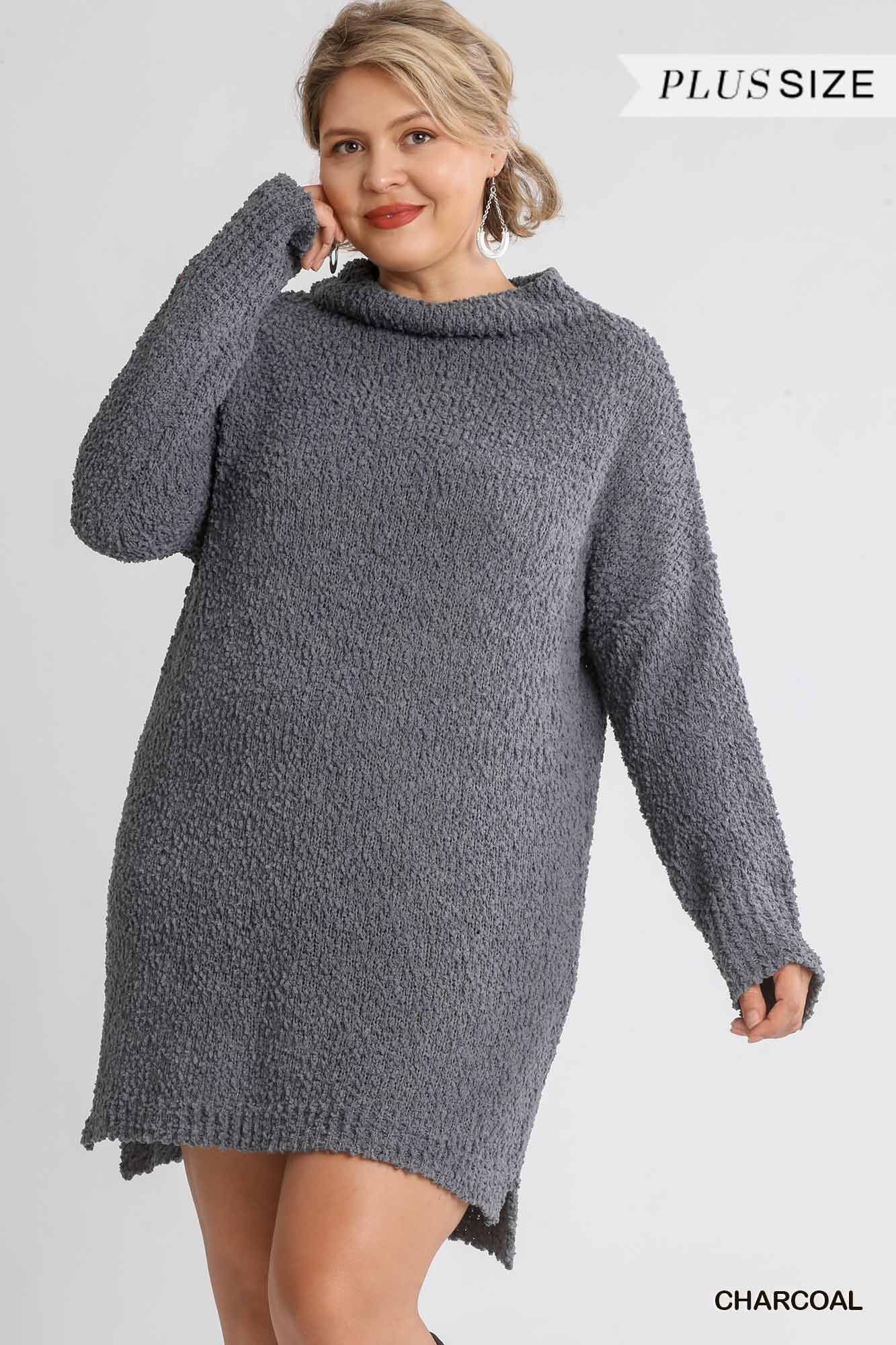 boucle long sleeve dress High Cowl Neck Bouclé Long Sleeve Sweater Dress
