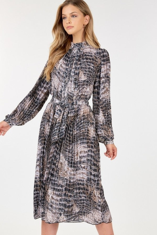 knee length dresses for ladies Long Sleeve Pleated Snake Skin Print Midi Dress