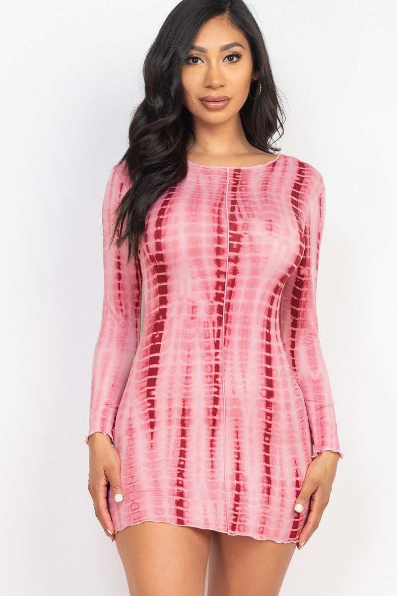 Tie-dye Printed Lettuce Trim Bodycon Dress Tie-dye Printed Lettuce Trim Bodycon Dress