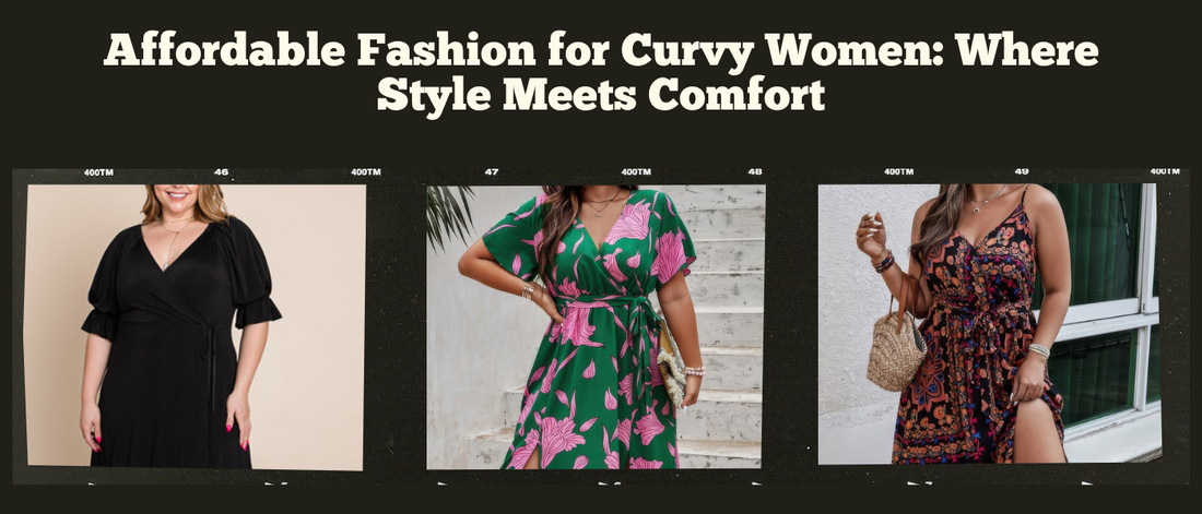 Plus-size women in trendy dresses under blog title on affordable fashion.
