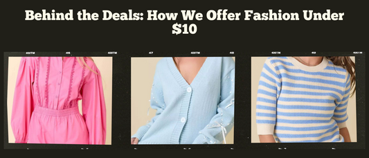 Three trendy women’s fashion tops under $10 from OverstockFashionDeals.com, including a pink blouse, a light blue cardigan, and a blue-striped knit top.