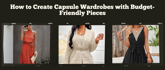Three stylish women's outfits showcasing budget-friendly capsule wardrobe essentials from OverstockFashionDeals.com, including a red halter dress, a beige belted blazer dress, and a black sleeveless V-neck dress.