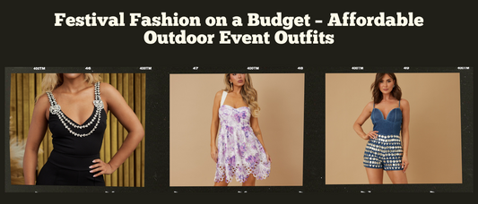 Collage of trendy women’s festival outfits on a budget, including a black pearl-trimmed top, a floral lilac mini dress, and a denim romper, styled for outdoor events.