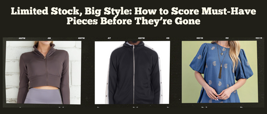 Limited stock fashion deals featuring affordable trendy outfits under $10, including women's activewear, men's zip-up jacket, and boho-style dress – all shipped from Los Angeles