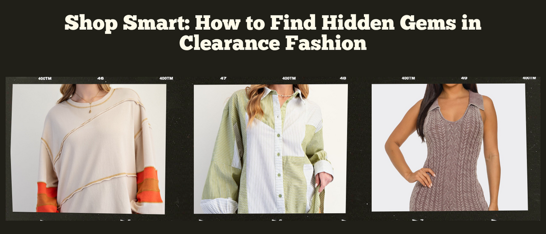 Beige sweater, green patchwork shirt, and knit dress from OverstockFashionDeals clearance fashion guide