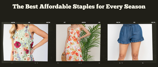 Three affordable women’s fashion staples for every season, featuring a green floral sleeveless top, a white and orange floral dress, and blue ruffled shorts