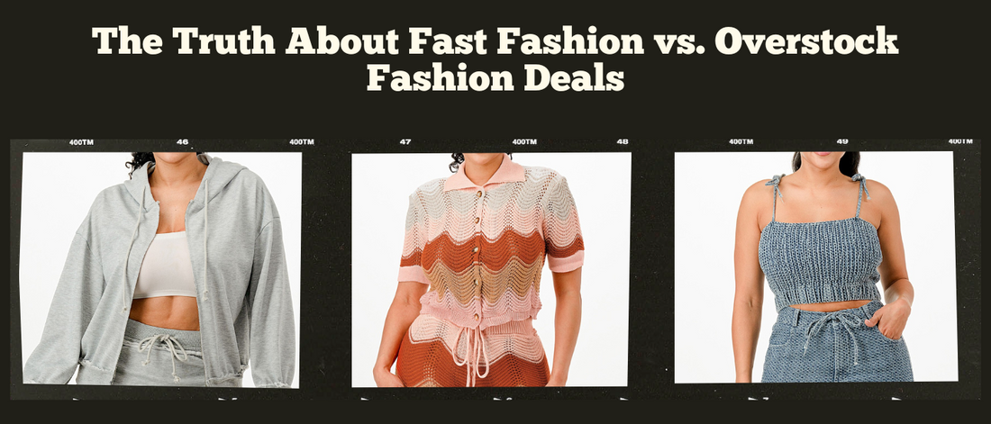 Three women’s outfits from OverstockFashionDeals.com: gray hoodie set, pink-brown crochet top, and blue textured crop top — LA-sourced quality fashion