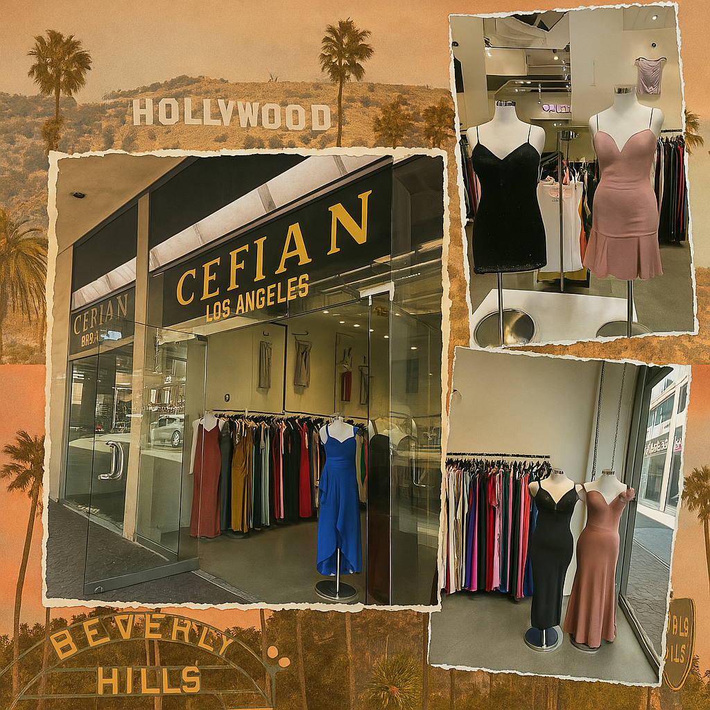 Vintage-style collage featuring Cefian Los Angeles boutique and racks of affordable trendy women’s fashion, framed by iconic Hollywood and Beverly Hills landmarks.