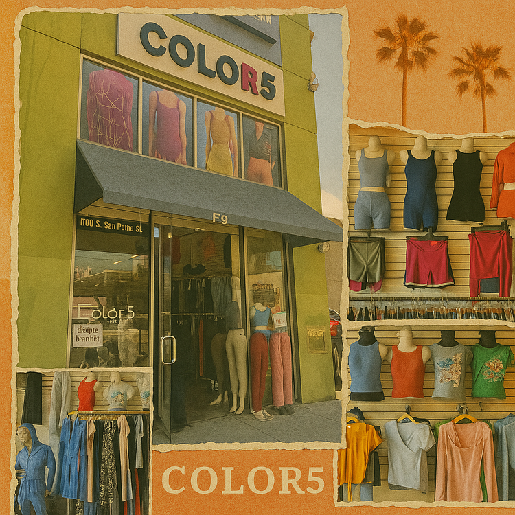 Color5 wholesale fashion store collage featuring storefront, mannequins, activewear, and trendy women's apparel. Set in Los Angeles with palm trees and a retro, warm-toned pop-art aesthetic.