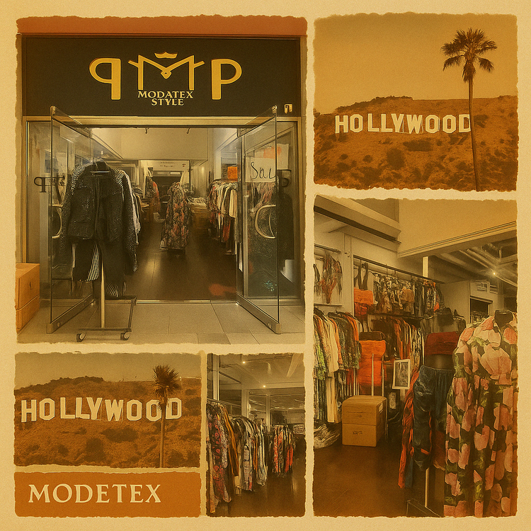 Collage-style promotional image showcasing the storefront and vibrant interior of Modatex Styl, a women’s fashion boutique in Los Angeles, with racks of colorful dresses and mannequins.