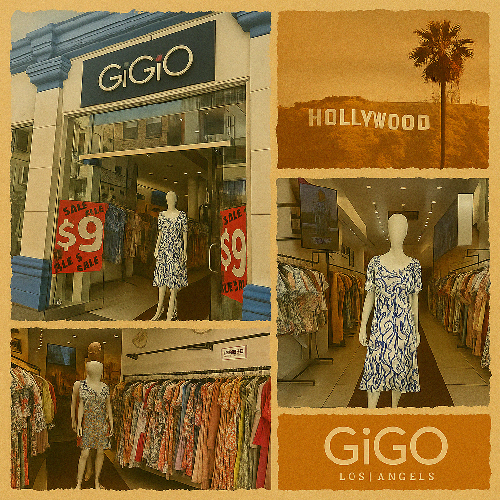 A vintage-style collage featuring GiGiO, a trendy Los Angeles clothing boutique, with storefront views, colorful racks of apparel, mannequins in stylish dresses, and a palm tree framing the Hollywood sign.