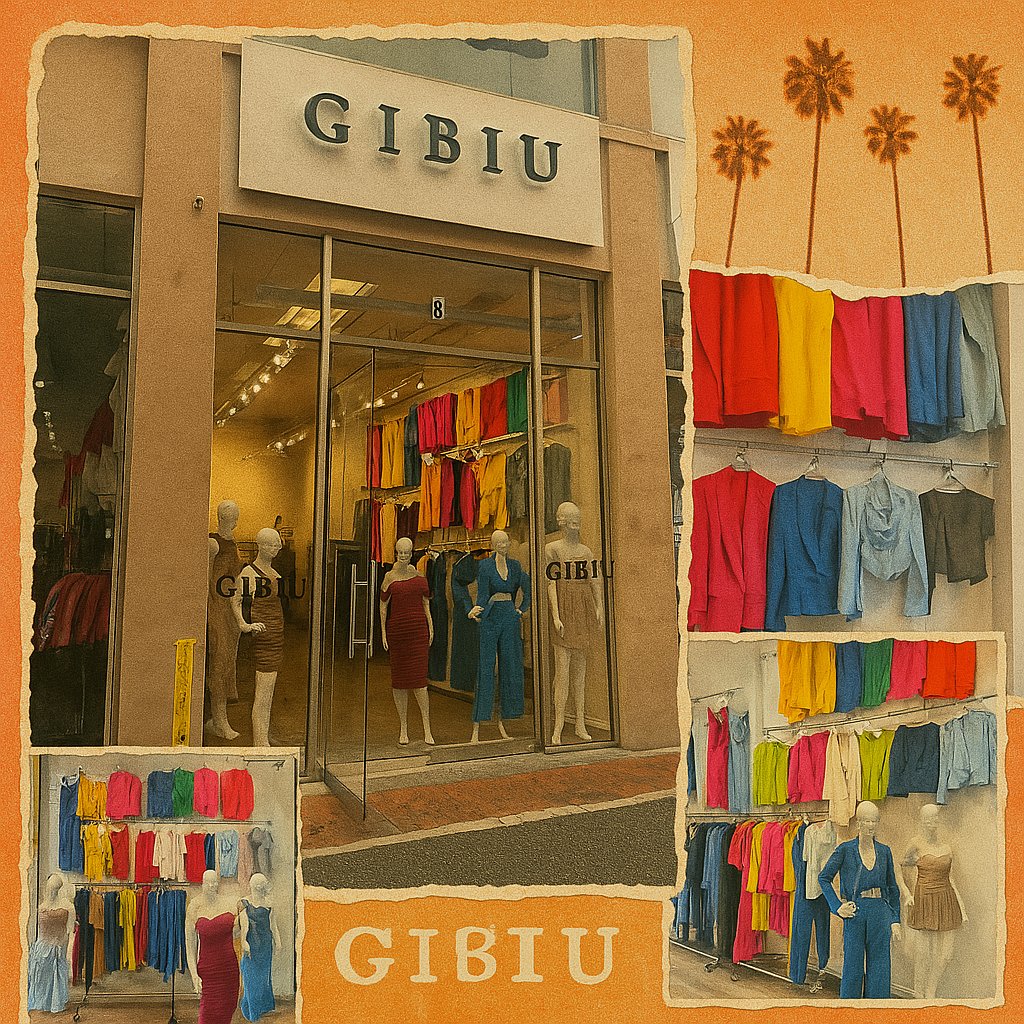 GIBIU boutique in Los Angeles featured in a collage-style image with colorful women's fashion, mannequins, and storefront design. The layout includes palm trees and editorial textures, highlighting trendy wholesale and dropshipping fashion.