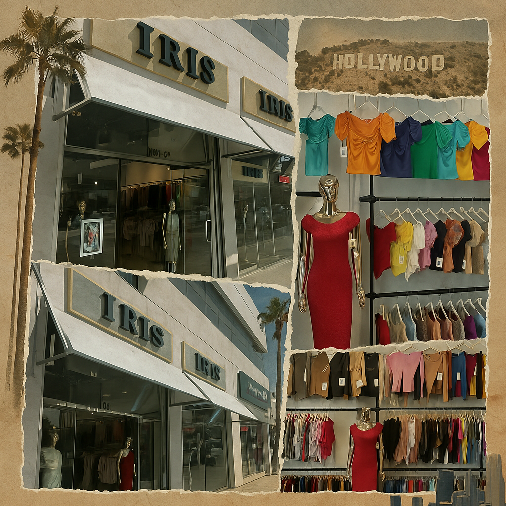 Exterior and interior collage of IRIS, a trendy affordable fashion boutique in Los Angeles showcasing colorful women's clothing and red dress display.