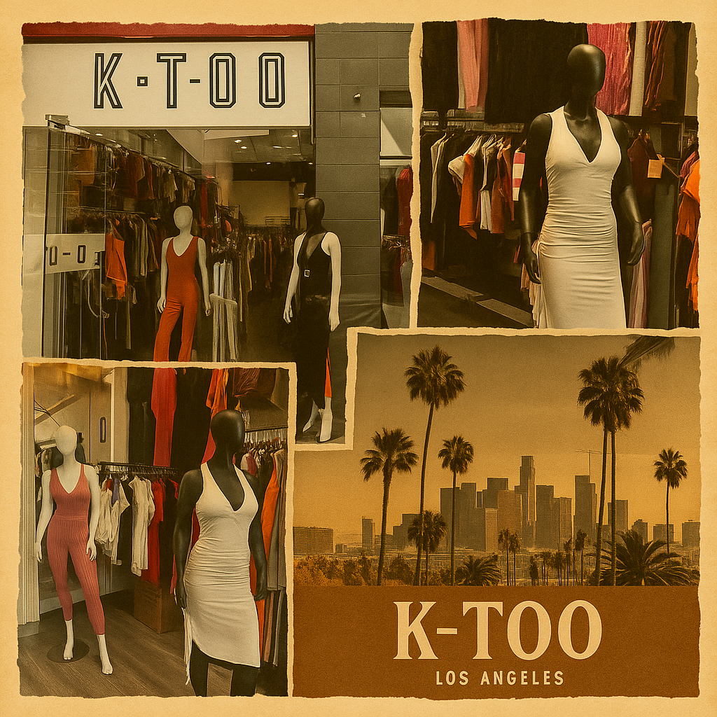 Square collage showcasing the K-TOO and K-GLAM boutique storefronts and interior, highlighting trendy women’s clothing, mannequins with dresses, and stylish displays inside the Los Angeles store.