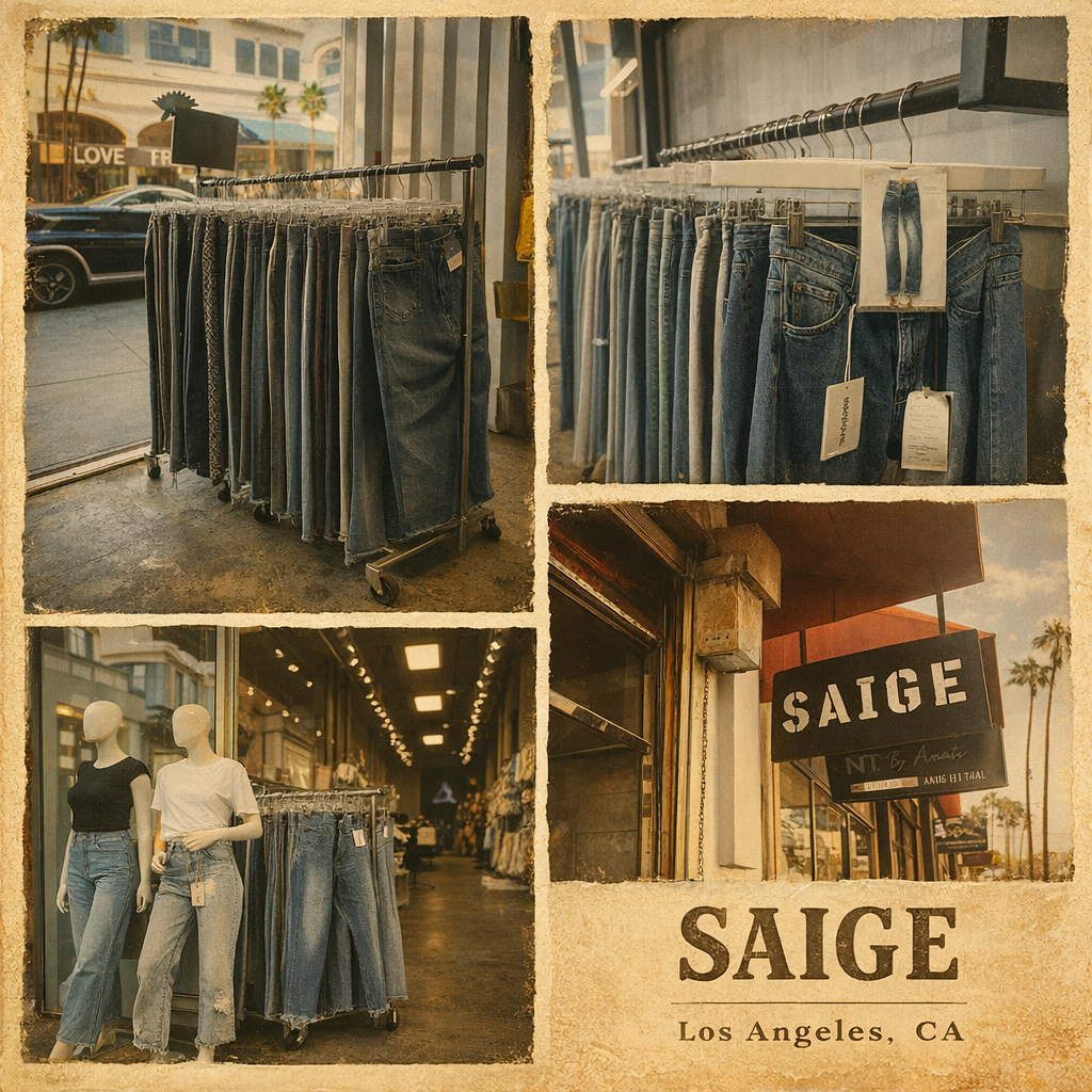 Vintage-style collage showcasing Saige denim boutique in Los Angeles, featuring denim racks, mannequins in jeans, the store’s interior, and exterior with palm trees, all in warm, golden tones