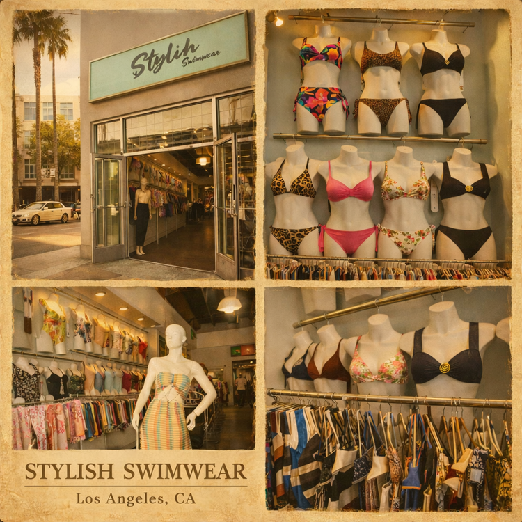Vintage collage of Stylish Swimwear boutique in Los Angeles, CA featuring storefront sign, interior displays, mannequins, and bikini collections