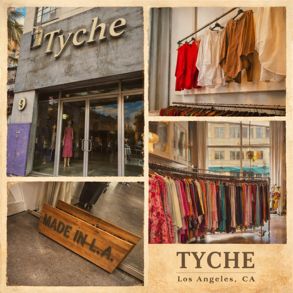 Vintage-style collage showcasing Tyche Los Angeles fashion brand, featuring storefront, interior clothing racks, and Made in L.A. display