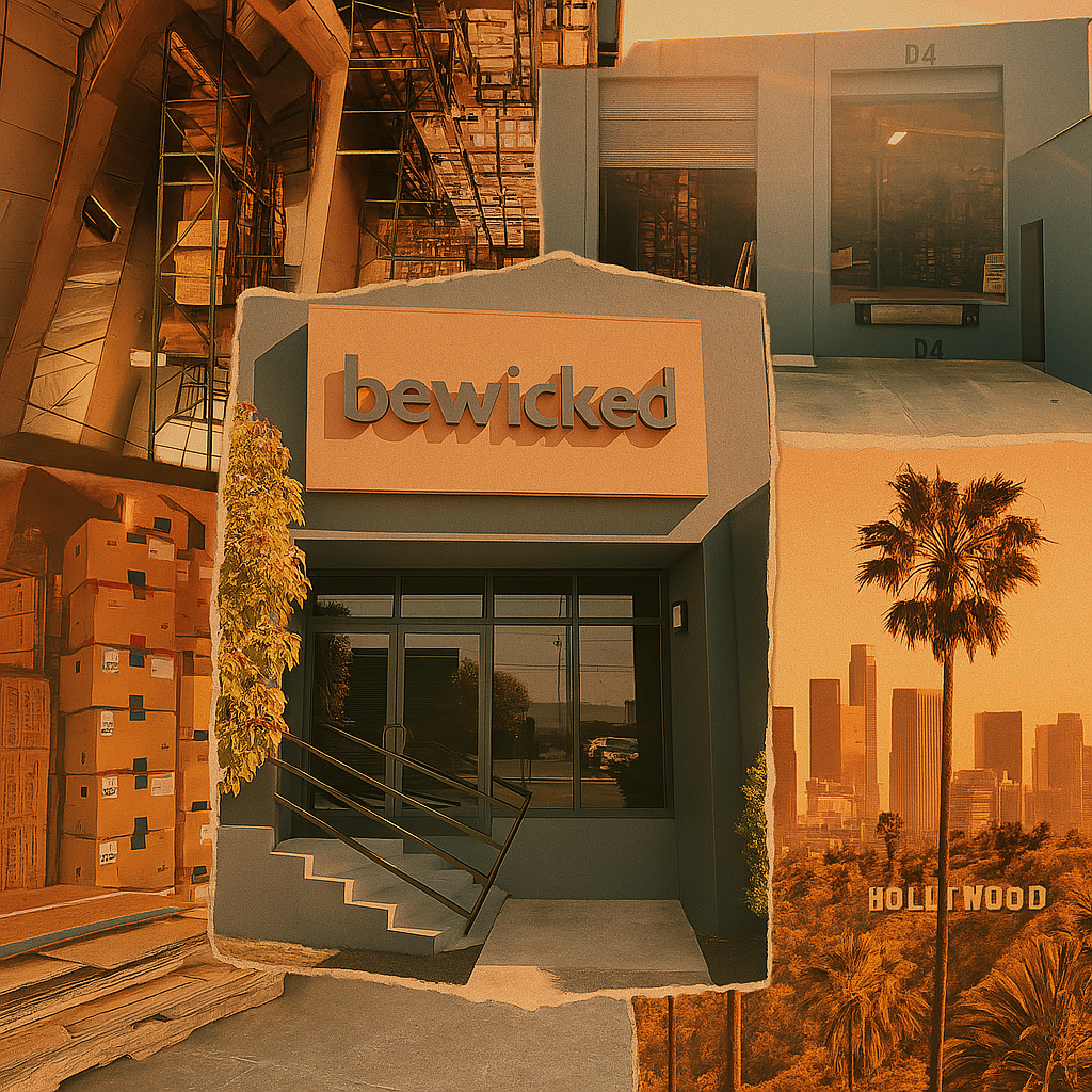 Collage showing Be Wicked's Los Angeles fashion warehouse with shelves of boxes, inventory, and distribution areas—highlighting fast U.S. shipping and ready-to-ship wholesale apparel.