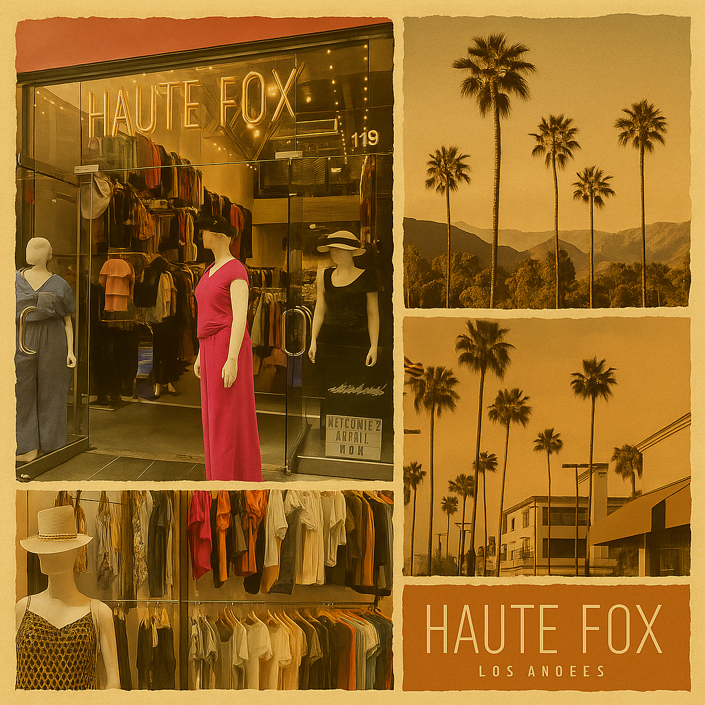 A collage-style promotional image showcasing Haute Fox, a Downtown LA boutique featuring trendy women's fashion with mannequins, vibrant clothing racks, and a stylish storefront.