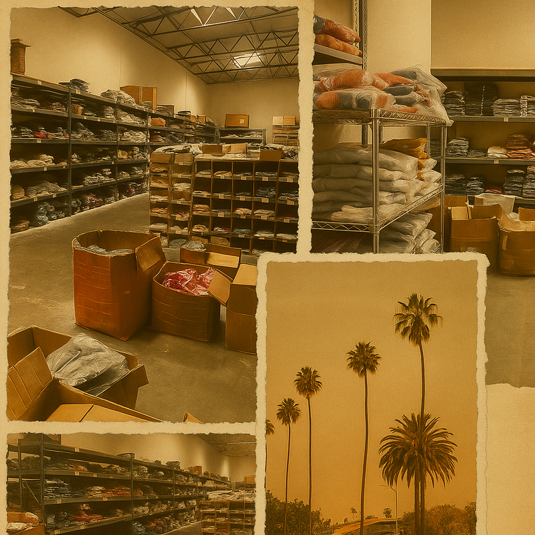 Vintage-style collage featuring Supreme Fashion’s Los Angeles warehouse, showcasing organized apparel shelves, packed boxes, and a palm tree scene, all in a warm sepia tone