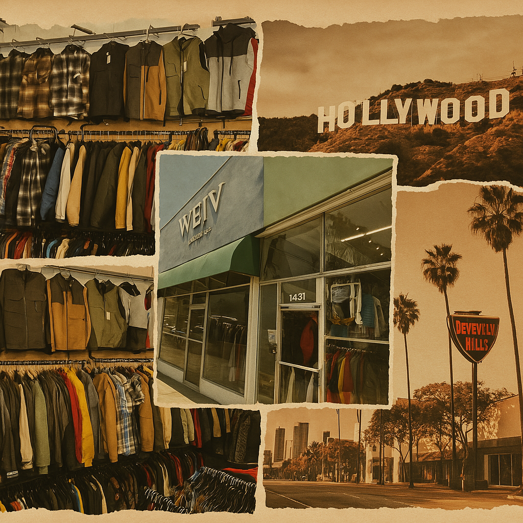 Collage highlighting WEIV Los Angeles, featuring the storefront at 1431 and a variety of men's outerwear including jackets, vests, and flannels, all styled with vintage cutout flair and subtle Los Angeles-inspired visuals in the background.