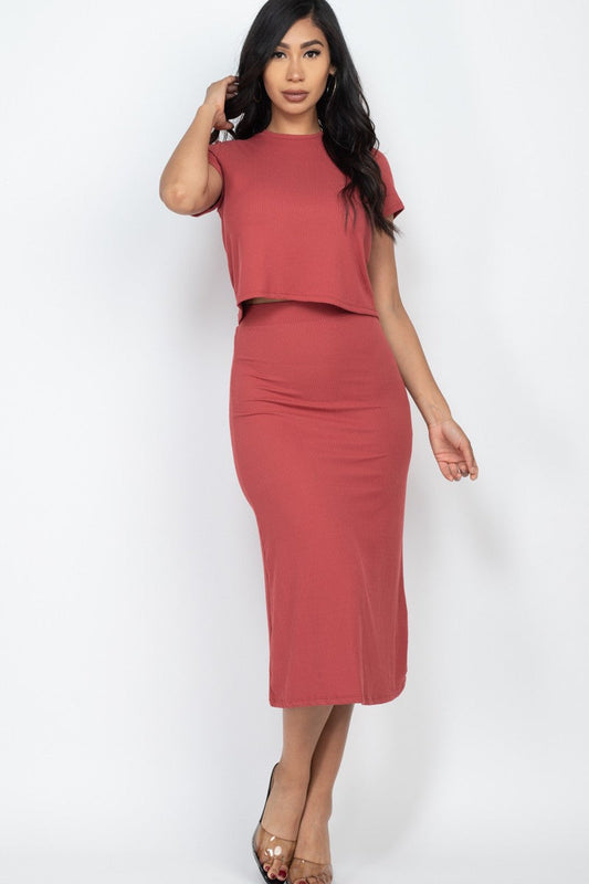 Ribbed Top with Short Sleeves and Midi Skirt Set