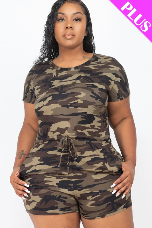 Camo Printed Short Sleeve Summer Romper in Plus Size