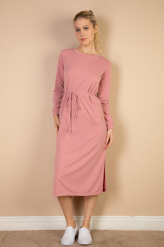French Terry Midi Dress with Long Sleeves and Tie Front