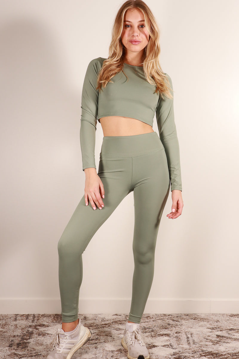 "Long Sleeve Crop Top and High Rise Leggings Athletic Ensemble