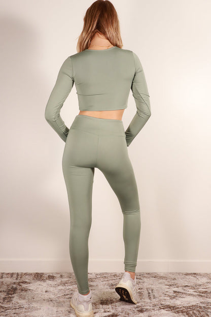 "Long Sleeve Crop Top and High Rise Leggings Athletic Ensemble