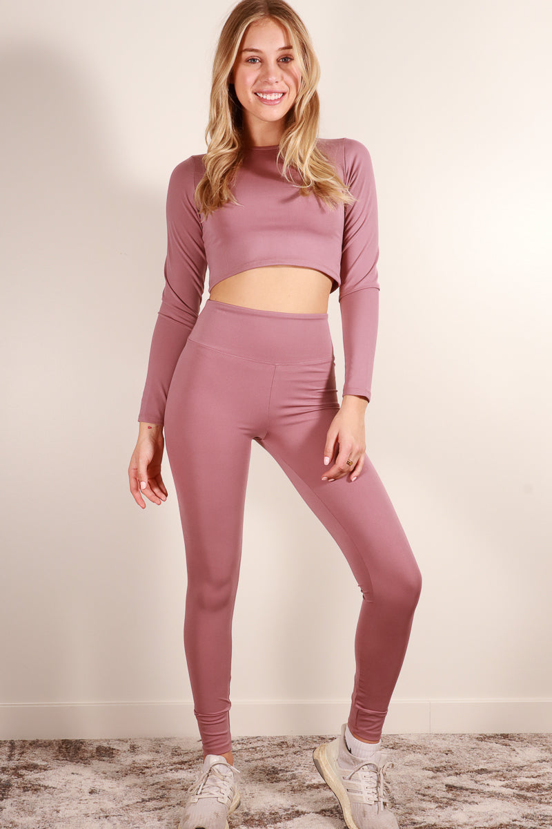 "Long Sleeve Crop Top and High Rise Leggings Athletic Ensemble