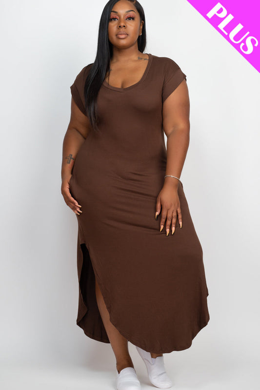 Plus Size V-Neck Cap Sleeve Maxi Dress