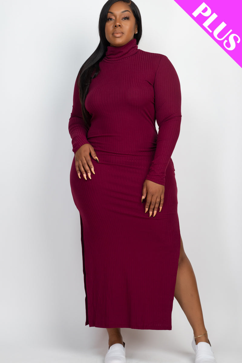 Plus Size Ribbed Turtleneck Maxi Dress with Side Slits