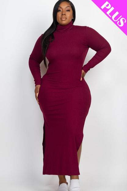 Plus Size Ribbed Turtleneck Maxi Dress with Side Slits