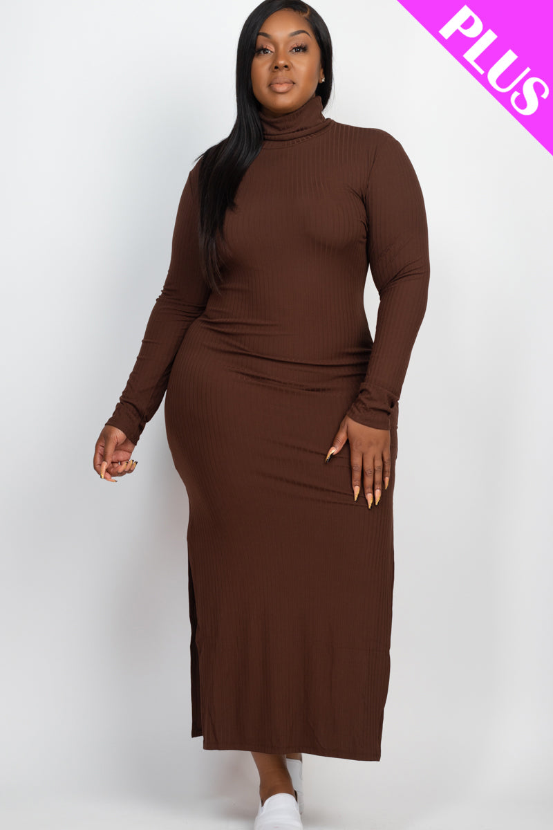 Plus Size Ribbed Turtleneck Maxi Dress with Side Slits