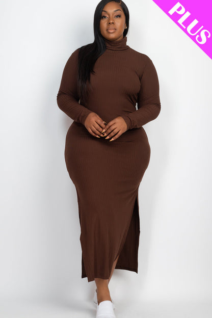 Plus Size Ribbed Turtleneck Maxi Dress with Side Slits