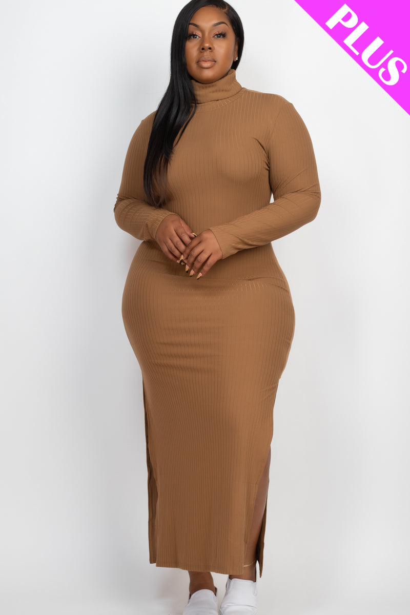 Plus Size Ribbed Turtleneck Maxi Dress with Side Slits