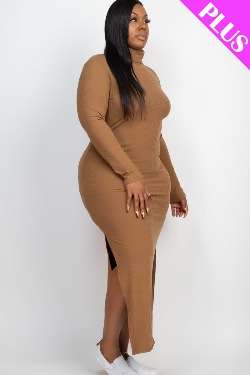 Plus Size Ribbed Turtleneck Maxi Dress with Side Slits