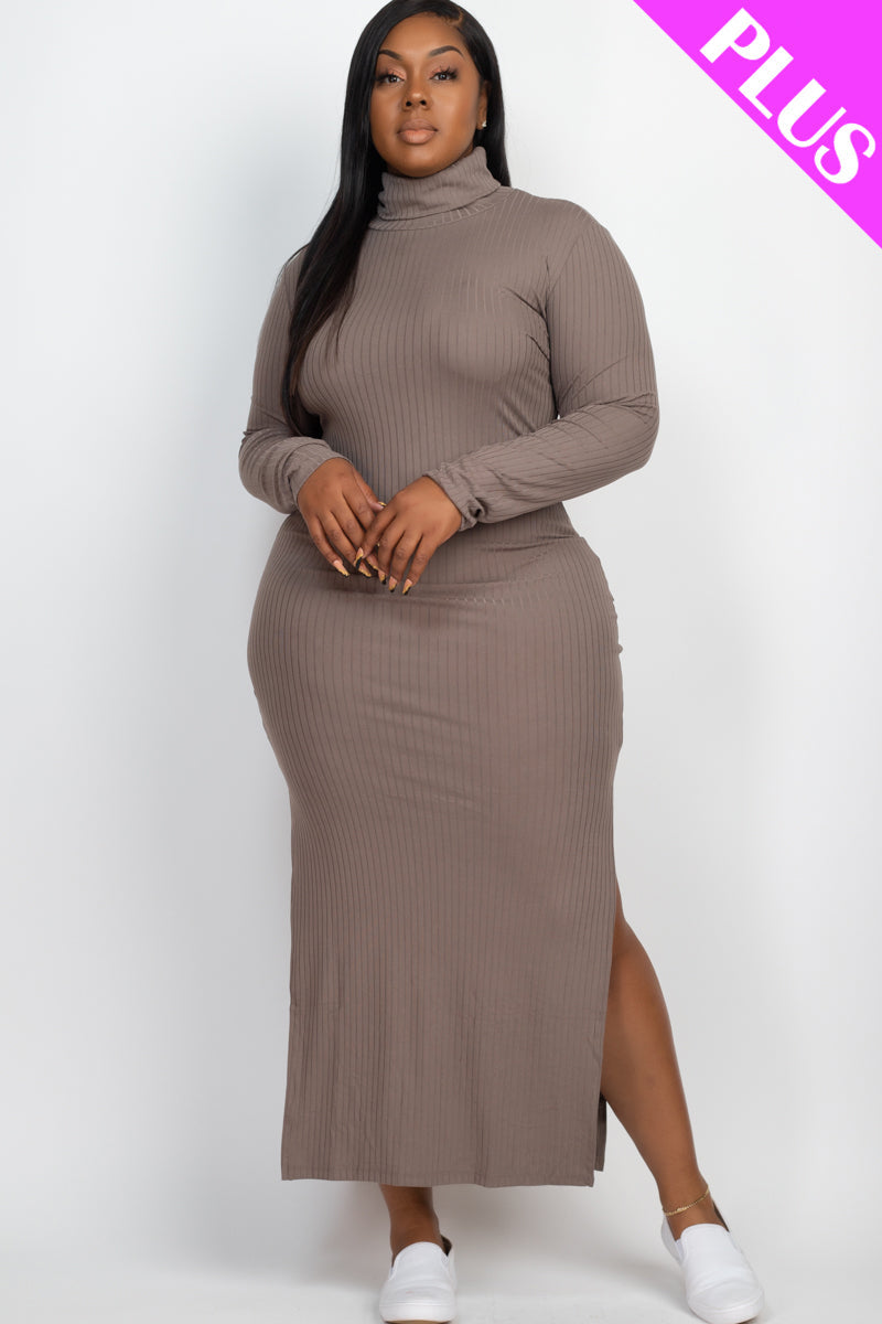 Plus Size Ribbed Turtleneck Maxi Dress with Side Slits