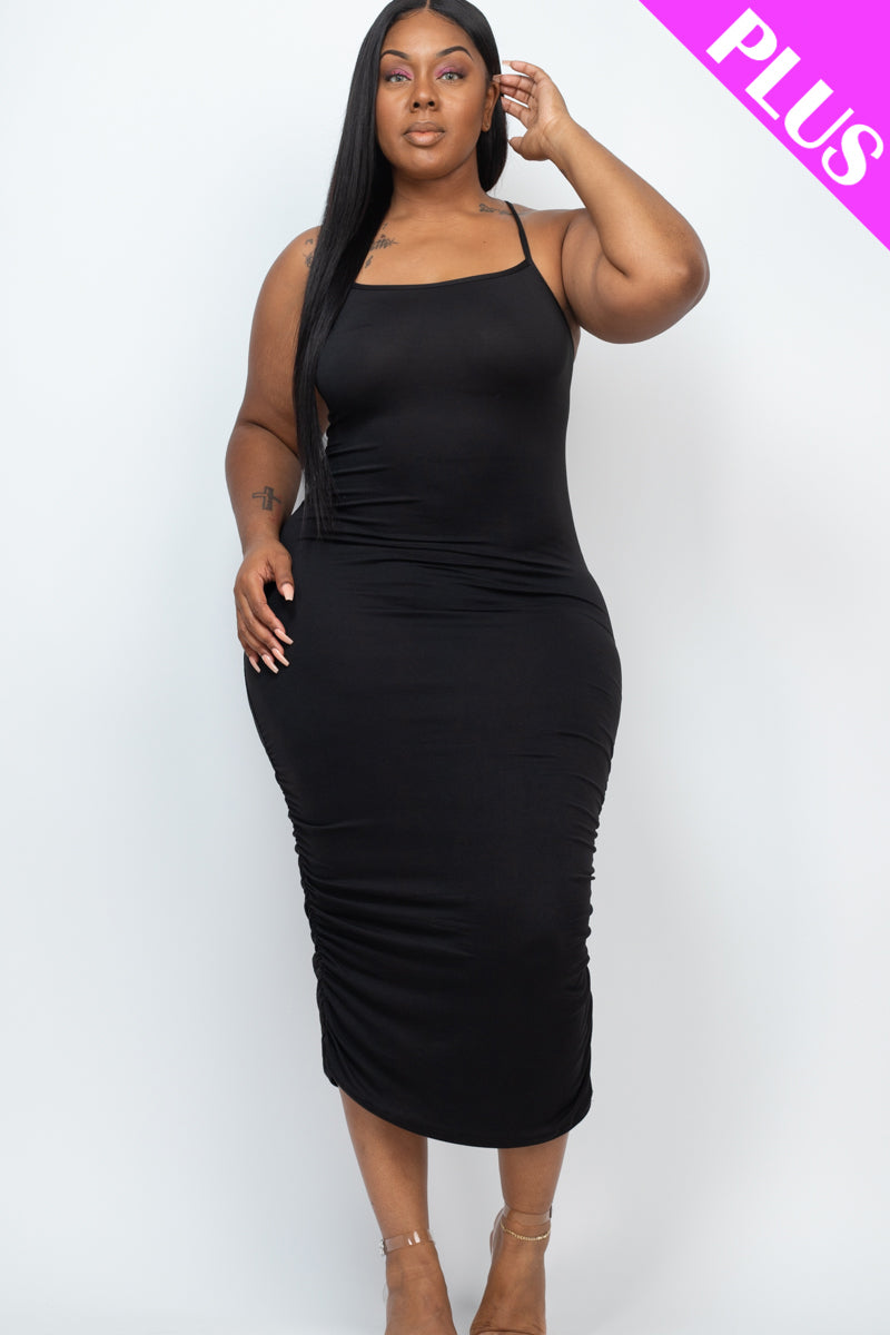 Plus Size Ruched Midi Dress with Crisscross Back Detail